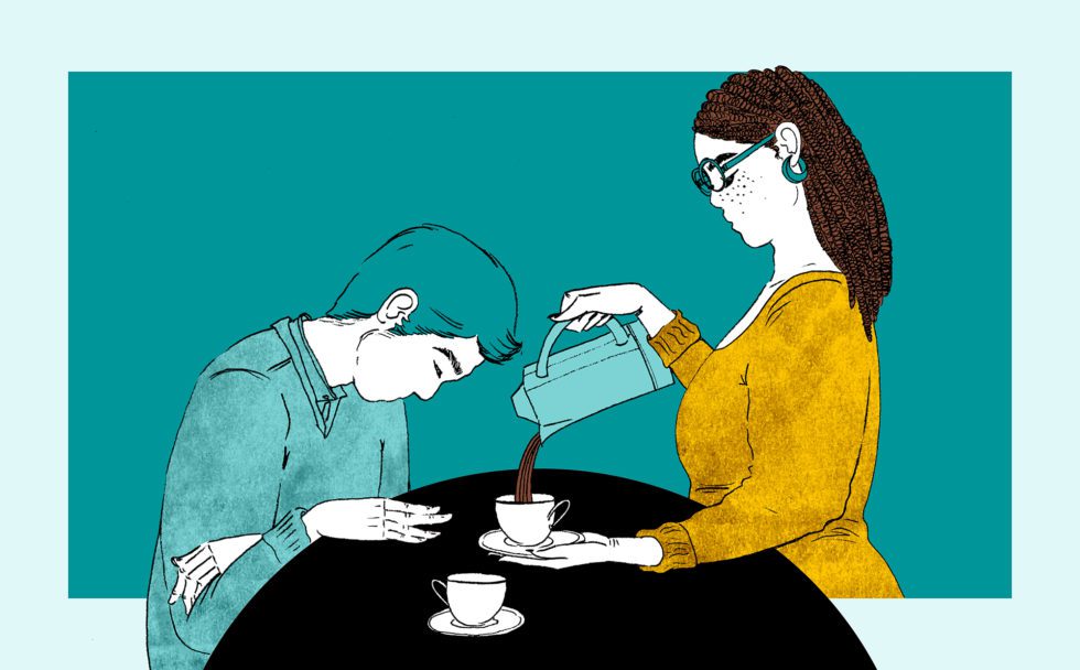 Een illustratie waarbij de ene persoon bedroefd naar beneden kijkt. Een ander persoon schenkt koffie in.