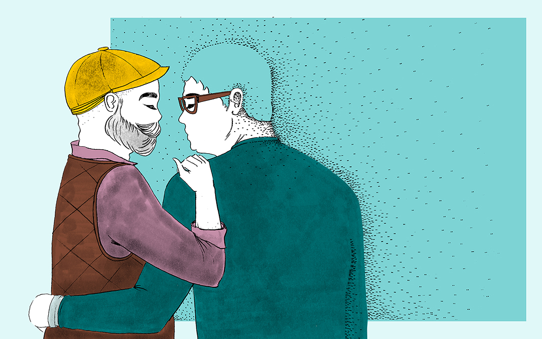 Illustratie van twee personen, waarbij de ene persoon op de andere persoon leunt.