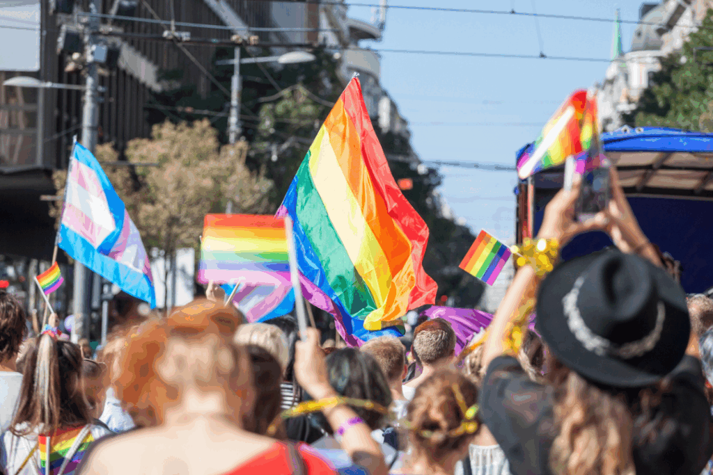 Op de afbeelding is een stoet personen te zien die vanaf de achterkant zijn gefotografeerd. Ze dragen Pride-vlaggen hoog in de lucht, ze lopen door een stad waar tramverbindingen te zien zijn.