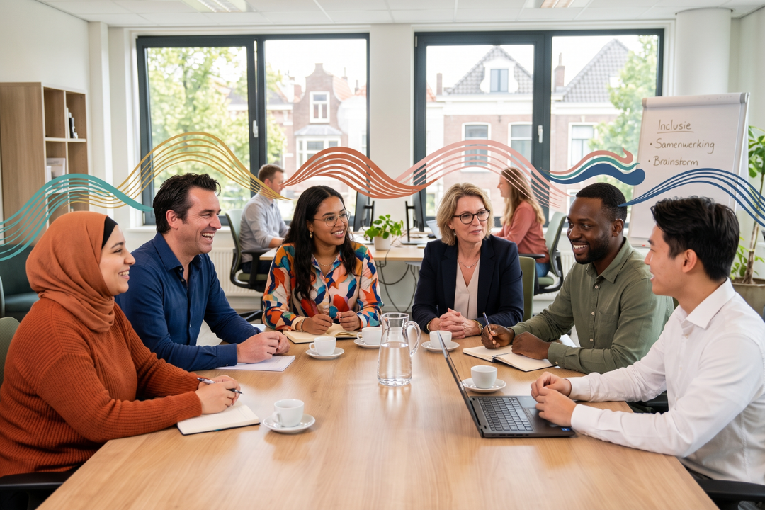 Fotografie van een diverse groep mensen die rond een tafel in een kantoorruimte overleggen, met laptops, notitieblokken en koffiekopjes. Op een flip-over in achtergrond woorden als "Inclusie," "Samenwerking," en "Brainstorm" geschreven, wat wijst op een teamvergadering gericht op samenwerking en ideeënuitwisseling.